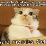 *internal screaming* | POV: Your neighbor's Halloween decorations stretch out from the inside of their house to all of your yard outside; My yard, my rules. Get out. | image tagged in tense cat,halloween | made w/ Imgflip meme maker