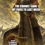Crows | THE CROWS I GAVE MY FRIES TO LAST WEEK; THE GUY ATTACKING ME AT MCDONALDS | image tagged in giant vs man,crows,mcdonalds | made w/ Imgflip meme maker