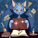 Cat Wizard summoning demons with a grimoire book