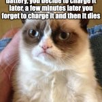 Happens all the time to me | When the phone is at low battery, you decide to charge it later, a few minutes later you forget to charge it and then it dies | image tagged in memes,grumpy cat,phones | made w/ Imgflip meme maker