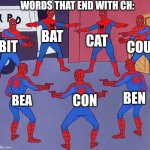 Too many. | WORDS THAT END WITH CH:; BAT; CAT; COU; BIT; BEN; CON; BEA | image tagged in same spider man 7 | made w/ Imgflip meme maker