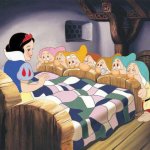 SNOW WHITE, DWARFS AT FOOT OF BED
