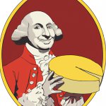 George Washington holding a wheel of cheese