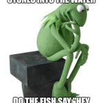 Philosophy Kermit | IF I THREW LITTLE STONES INTO THE WATER; DO THE FISH SAY "HEY LOOK A SHOOTING STAR!"? | image tagged in memes,kermit,philosophy,fish,stone | made w/ Imgflip meme maker