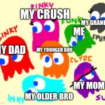 My family could've dressed for Halloween as... | MY CRUSH; MY GRANDMA; ME; MY YOUNGER BRO; MY DAD; MY MOM; MY OLDER BRO | image tagged in pacman ghosts,memes,pacman,halloween | made w/ Imgflip meme maker