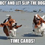 Time Card | HAVOC!' AND LET SLIP THE DOGS OF; TIME CARDS! | image tagged in basset hounds on the beach | made w/ Imgflip meme maker