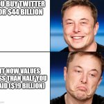 Elon Lost | YOU BUY TWITTER FOR $44 BILLION; IT NOW VALUES LESS THAN HALF YOU PAID ($19 BILLION) | image tagged in elon musk happy sad,elon musk,twitter | made w/ Imgflip meme maker