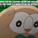 This happened once | WHEN YOU ARE SLEEPING FACING ONE SIDE,AND YOU FEEL LIKE THERE IS A MONSTER ON THE OPPOSITE SIDE: | image tagged in distressed rowlet | made w/ Imgflip meme maker