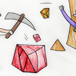 Minecraft steve character breaking diamonds with a brown pickaxe