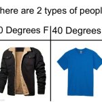 I’ll admit I’m the person to wear a jacket in 60 degrees | There are 2 types of people; 60 Degrees F; 40 Degrees F | image tagged in t chart | made w/ Imgflip meme maker