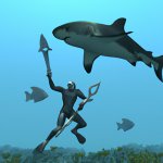 diver fighting a shark with a sword