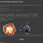 Banned for 3 days | You have been banned for 3 days; By now; ;loopkill suiosq1108; Don't harass other players. Admin abuse; Logout | image tagged in roblox ban | made w/ Imgflip meme maker