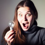 picture of a surprised-looking person holding a lit lightbulb