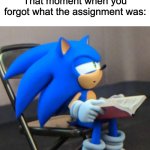 Sonic | That moment when you forgot what the assignment was: | image tagged in sonic | made w/ Imgflip meme maker