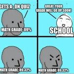 so...freaking...annoying | GETS A- ON QUIZ; GREAT, YOUR GRADE WILL GO UP SOON! MATH GRADE: 89%; SCHOOL; MATH GRADE: 89.32%; MATH GRADE: 89.32% | image tagged in angry question | made w/ Imgflip meme maker