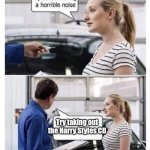 My Car Is Making A Horrible Noise | Try taking out the Harry Styles CD | image tagged in my car is making a horrible noise | made w/ Imgflip meme maker