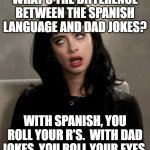Spanish vs. Dad jokes | WHAT'S THE DIFFERENCE BETWEEN THE SPANISH LANGUAGE AND DAD JOKES? WITH SPANISH, YOU ROLL YOUR R'S.  WITH DAD JOKES, YOU ROLL YOUR EYES. | image tagged in eye roll | made w/ Imgflip meme maker