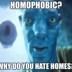 Homophobic=Hates homes | HOMOPHOBIC? WHY DO YOU HATE HOMES? | image tagged in avatar guy,memes,funny | made w/ Imgflip meme maker