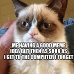 this seriously one of the worst feelings :( | NOBODY; ME HAVING A GOOD MEME IDEA BUT THEN AS SOON AS I GET TO THE COMPUTER I FORGET | image tagged in memes,grumpy cat | made w/ Imgflip meme maker