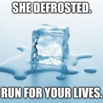 Why do I hear "All I want for Christmas is you" playing? OH GOD NO- | SHE DEFROSTED. RUN FOR YOUR LIVES. | image tagged in melting ice,mariah carey,she defrosted | made w/ Imgflip meme maker