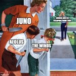 The Aeneid in Summary | JUNO; AENEAS AND CO
ESCAPING FROM TROY; AEOLUS; THE WINDS | image tagged in wife and kids with knives behind open door,aeneid,aeneas,classics,latin,vergi | made w/ Imgflip meme maker
