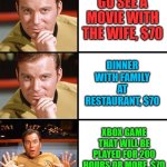 $70 for a video game? I'm SHOCKED! | GO SEE A MOVIE WITH THE WIFE, $70; DINNER WITH FAMILY AT RESTAURANT, $70; XBOX GAME THAT WILL BE PLAYED FOR 200 HOURS OR MORE, $70 | image tagged in captain kirk meme template | made w/ Imgflip meme maker