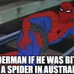 Sexy Railroad Spiderman Meme | SPIDERMAN IF HE WAS BITTEN BY A SPIDER IN AUSTRALIA: | image tagged in memes,sexy railroad spiderman,spiderman,funny,funny memes,relatable | made w/ Imgflip meme maker