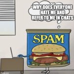 Why do people call overusing comments 'spam' | WHY DOES EVERYONE HATE ME AND REFER TO ME IN CHATS | image tagged in spam | made w/ Imgflip meme maker