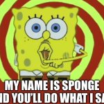 Woop woop | MY NAME IS SPONGE AND YOU’LL DO WHAT I SAY. | image tagged in spongebob hypnotized | made w/ Imgflip meme maker