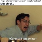 filthy frank confused scream | 5 year old me: *running around in the plane*
*bumps into flight attendant*; Flight attendant: look why don’t you play outside? Me: oh ok.. | image tagged in filthy frank confused scream | made w/ Imgflip meme maker