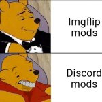 Discord you gotta start seeing if your mods handle the responsibility | Imgflip mods; Discord mods | image tagged in tuxedo winnie the pooh grossed reverse,imgflip mods,discord moderator | made w/ Imgflip meme maker