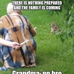 Grandma Hiding Knife From Rabbit | WHAT ARE WE GONNA EAT THERE IS NOTHING PREPARED AND THE FAMILY IS COMING; Grandma: np bro | image tagged in grandma hiding knife from rabbit,np bro,grandma | made w/ Imgflip meme maker