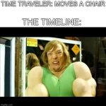 Buff Shaggy | TIME TRAVELER: MOVES A CHAIR; THE TIMELINE: | image tagged in buff shaggy,memes,funny,time travel,time | made w/ Imgflip meme maker