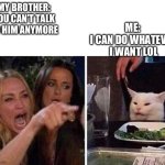 Based on true events | ME: 
I CAN DO WHATEVER I WANT LOL; MY BROTHER:
YOU CAN’T TALK TO HIM ANYMORE | image tagged in lady screams at cat,funny | made w/ Imgflip meme maker