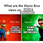 True. | SUPER SMASH BROS. SMASH IS NOT JUST A GAME. IT IS A REPRESENTATION OF THE BEST OF GAMING. IF U HATE SMASH I GIVE YOU A RASH. | image tagged in mario says luigi says,super smash bros,nintendo | made w/ Imgflip meme maker