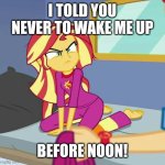 Sunset Shimmer doesn't like to be woken up early! | I TOLD YOU NEVER TO WAKE ME UP; BEFORE NOON! | image tagged in pissed off sunset shimmer,memes,sunset shimmer,sleep,waking up | made w/ Imgflip meme maker