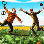 2 metal detectorists jumping with joy on pasture