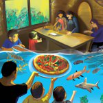 underwater pizza shop with customers