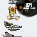 You stand no chance, for I am someone who is desperate and has no life. | PHONE HOTSPOT; MY TVS BUILT IN SEARCH ENGINE; SCHOOL CHROMEBOOK; SWITCHING BETWEEN MAIN AND EXTENSION; MY DAD TRYING TO BLOCK THE INTERNET | image tagged in crushing combo,memes,funny,vengeance dad | made w/ Imgflip meme maker