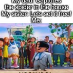 kill it lol | My dad: Captures the spider in the house
My sister: Lets set it free!
Me: | image tagged in let it die let it die,die,death,spider,kill it with fire,lol | made w/ Imgflip meme maker