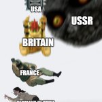 stonks | USA; USSR; BRITAIN; FRANCE; GERMANY IN WWII | image tagged in crushing combo | made w/ Imgflip meme maker