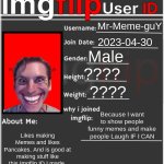 Imgflip ID | Mr-Meme-guY; 2023-04-30; Male; ???? ???? Because I want to show people funny memes and make people Laugh IF I CAN; Likes making Memes and likes Pancakes. And is good at making stuff like this Imgflip ID I made | image tagged in imgflip user id,funny memes,memes,imgflip users,imgflip | made w/ Imgflip meme maker