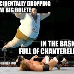 Body slam | ACCIDENTALLY DROPPING 
THAT BIG BOLETE; IN THE BASKET, FULL OF CHANTERELLES; #MUSHYMENTOR | image tagged in body slam | made w/ Imgflip meme maker