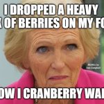 Mary Berry Says | I DROPPED A HEAVY BOX OF BERRIES ON MY FOOT; MEMEs by Dan Campbell; NOW I CRANBERRY WALK | image tagged in mary berry says | made w/ Imgflip meme maker