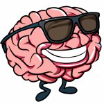brain with sunglasses smiling and brocas area highlighted