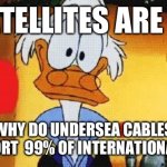 If Satellites Are Real…Why Do Undersea Cables Transport 99% of International Data? | IF SATELLITES ARE REAL; WHY DO UNDERSEA CABLES TRANSPORT  99% OF INTERNATIONAL DATA? | image tagged in donald duck questions,satellites,satellitesarefake,sataloons,fakesatellites,flatearth | made w/ Imgflip meme maker