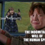 I should sleep earlier | 3AM THOUGHTS; THE INDOMITABLE WILL OF THE HUMAN SPIRIT | image tagged in harry with guns scared ron | made w/ Imgflip meme maker