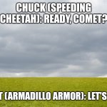 Power Testers | CHUCK (SPEEDING CHEETAH): READY, COMET? COMET (ARMADILLO ARMOR): LET'S DO IT! | image tagged in empty field | made w/ Imgflip meme maker