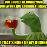 no | YOU SHOULD BE DOING YOUR HOMEWORK NOT LOOKING AT MEMES | image tagged in gifs,kermit sipping tea | made w/ Imgflip video-to-gif maker