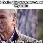 Sometimes I just cannot think of a meme... | Me: Ok, brain, give me some meme ideas!
My brain: | image tagged in no i don't think i will,oh no,meme,thinking,brain,lol | made w/ Imgflip meme maker